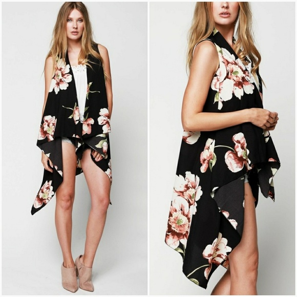 AJ's Threads Jackets & Blazers - Long Draping Floral Vest - Black